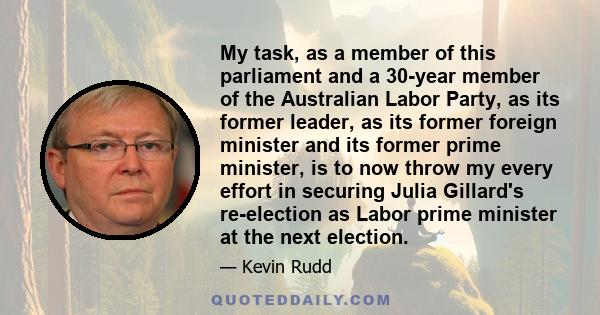 My task, as a member of this parliament and a 30-year member of the Australian Labor Party, as its former leader, as its former foreign minister and its former prime minister, is to now throw my every effort in securing 