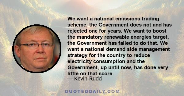 We want a national emissions trading scheme, the Government does not and has rejected one for years. We want to boost the mandatory renewable energies target, the Government has failed to do that. We want a national