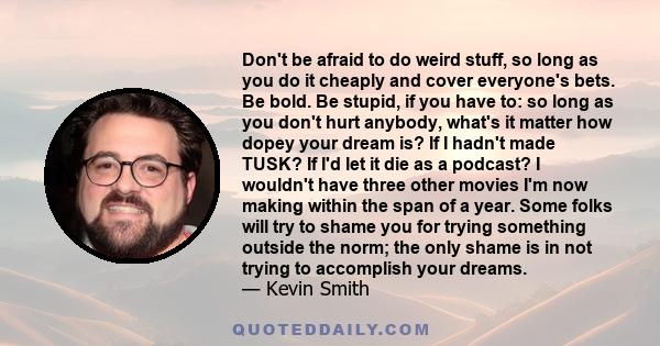 Don't be afraid to do weird stuff, so long as you do it cheaply and cover everyone's bets. Be bold. Be stupid, if you have to: so long as you don't hurt anybody, what's it matter how dopey your dream is? If I hadn't