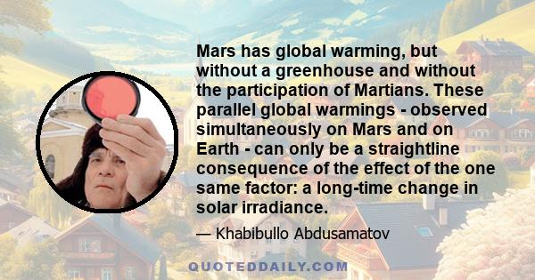 Mars has global warming, but without a greenhouse and without the participation of Martians. These parallel global warmings - observed simultaneously on Mars and on Earth - can only be a straightline consequence of the