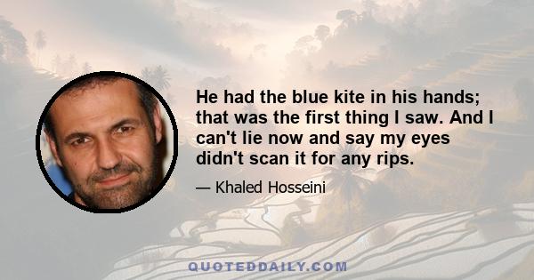 He had the blue kite in his hands; that was the first thing I saw. And I can't lie now and say my eyes didn't scan it for any rips.