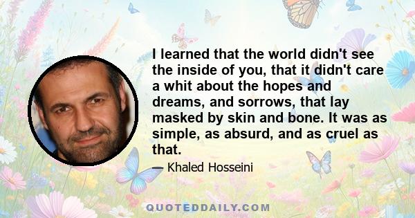 I learned that the world didn't see the inside of you, that it didn't care a whit about the hopes and dreams, and sorrows, that lay masked by skin and bone. It was as simple, as absurd, and as cruel as that.