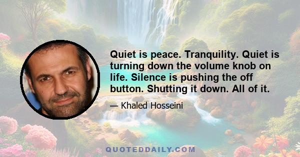 Quiet is peace. Tranquility. Quiet is turning down the volume knob on life. Silence is pushing the off button. Shutting it down. All of it.