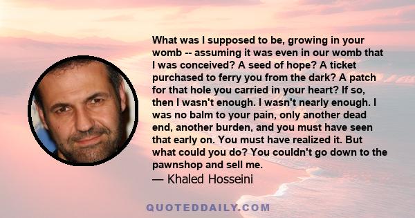 What was I supposed to be, growing in your womb -- assuming it was even in our womb that I was conceived? A seed of hope? A ticket purchased to ferry you from the dark? A patch for that hole you carried in your heart?