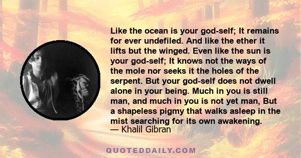 Like the ocean is your god-self; It remains for ever undefiled. And like the ether it lifts but the winged. Even like the sun is your god-self; It knows not the ways of the mole nor seeks it the holes of the serpent.