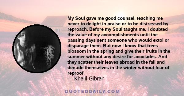 My Soul gave me good counsel, teaching me never to delight in praise or to be distressed by reproach. Before my Soul taught me, I doubted the value of my accomplishments until the passing days sent someone who would