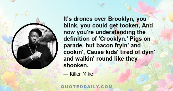 It's drones over Brooklyn, you blink, you could get tooken, And now you're understanding the definition of 'Crooklyn.' Pigs on parade, but bacon fryin' and cookin', Cause kids' tired of dyin' and walkin' round like they 