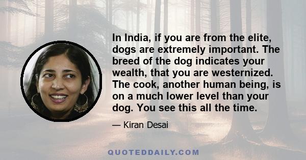 In India, if you are from the elite, dogs are extremely important. The breed of the dog indicates your wealth, that you are westernized. The cook, another human being, is on a much lower level than your dog. You see