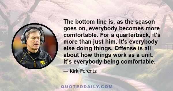 The bottom line is, as the season goes on, everybody becomes more comfortable. For a quarterback, it's more than just him. It's everybody else doing things. Offense is all about how things work as a unit. It's everybody 