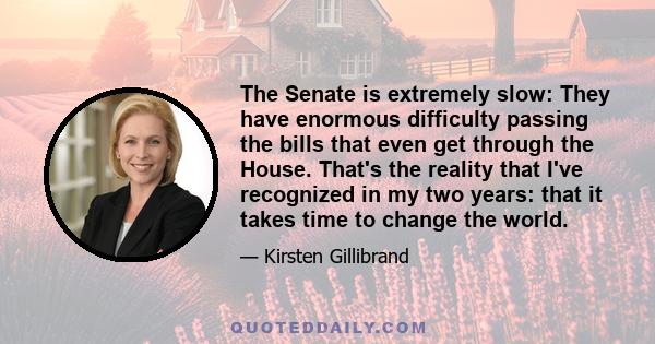 The Senate is extremely slow: They have enormous difficulty passing the bills that even get through the House. That's the reality that I've recognized in my two years: that it takes time to change the world.