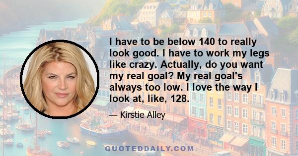 I have to be below 140 to really look good. I have to work my legs like crazy. Actually, do you want my real goal? My real goal's always too low. I love the way I look at, like, 128.