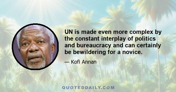 UN is made even more complex by the constant interplay of politics and bureaucracy and can certainly be bewildering for a novice.