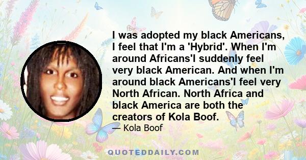 I was adopted my black Americans, I feel that I'm a 'Hybrid'. When I'm around Africans'I suddenly feel very black American. And when I'm around black Americans'I feel very North African. North Africa and black America