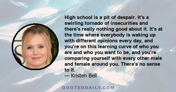 High school is a pit of despair. It's a swirling tornado of insecurities and there's really nothing good about it. It's at the time where everybody is waking up with different opinions every day, and you're on this