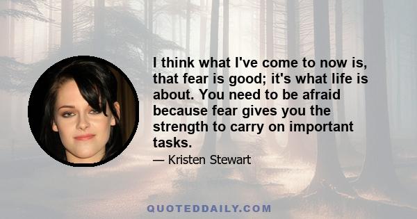 I think what I've come to now is, that fear is good; it's what life is about. You need to be afraid because fear gives you the strength to carry on important tasks.