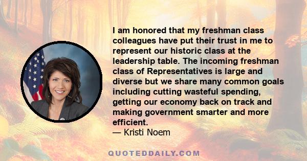 I am honored that my freshman class colleagues have put their trust in me to represent our historic class at the leadership table. The incoming freshman class of Representatives is large and diverse but we share many