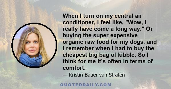 When I turn on my central air conditioner, I feel like, Wow, I really have come a long way. Or buying the super expensive organic raw food for my dogs, and I remember when I had to buy the cheapest big bag of kibble. So 