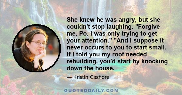 She knew he was angry, but she couldn't stop laughing. Forgive me, Po. I was only trying to get your attention. And I suppose it never occurs to you to start small. If I told you my roof needed rebuilding, you'd start