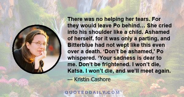 There was no helping her tears. For they would leave Po behind… She cried into his shoulder like a child. Ashamed of herself, for it was only a parting, and Bitterblue had not wept like this even over a death. ‘Don’t be 