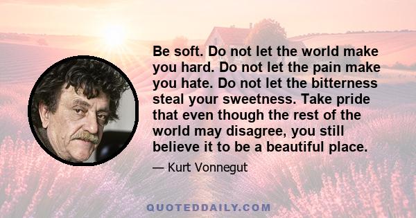 Be soft. Do not let the world make you hard. Do not let the pain make you hate. Do not let the bitterness steal your sweetness. Take pride that even though the rest of the world may disagree, you still believe it to be