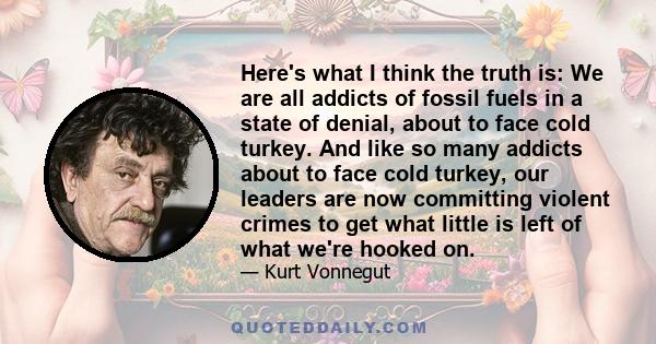 Here's what I think the truth is: We are all addicts of fossil fuels in a state of denial, about to face cold turkey.