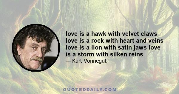 love is a hawk with velvet claws love is a rock with heart and veins love is a lion with satin jaws love is a storm with silken reins