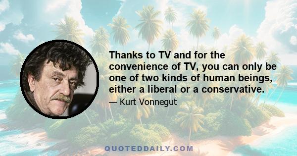 Thanks to TV and for the convenience of TV, you can only be one of two kinds of human beings, either a liberal or a conservative.