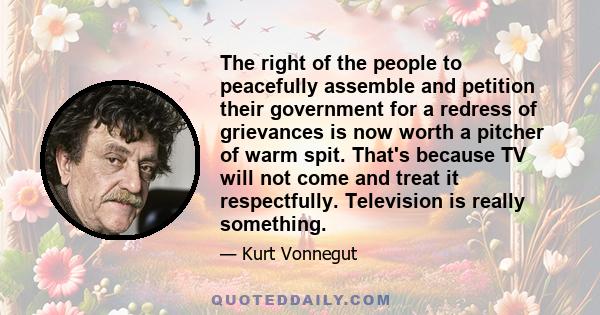 The right of the people to peacefully assemble and petition their government for a redress of grievances is now worth a pitcher of warm spit. That's because TV will not come and treat it respectfully. Television is