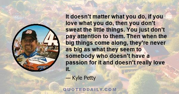 It doesn't matter what you do, if you love what you do, then you don't sweat the little things. You just don't pay attention to them. Then when the big things come along, they're never as big as what they seem to