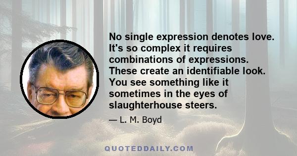 No single expression denotes love. It's so complex it requires combinations of expressions. These create an identifiable look. You see something like it sometimes in the eyes of slaughterhouse steers.