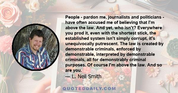 People - pardon me, journalists and politicians - have often accused me of believing that I'm above the law. And yet, who isn't? Everywhere you prod it, even with the shortest stick, the established system isn't simply