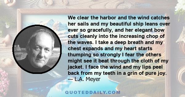 We clear the harbor and the wind catches her sails and my beautiful ship leans over ever so gracefully, and her elegant bow cuts cleanly into the increasing chop of the waves. I take a deep breath and my chest expands