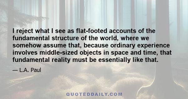 I reject what I see as flat-footed accounts of the fundamental structure of the world, where we somehow assume that, because ordinary experience involves middle-sized objects in space and time, that fundamental reality