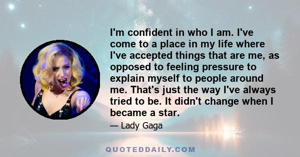 I'm confident in who I am. I've come to a place in my life where I've accepted things that are me, as opposed to feeling pressure to explain myself to people around me. That's just the way I've always tried to be. It