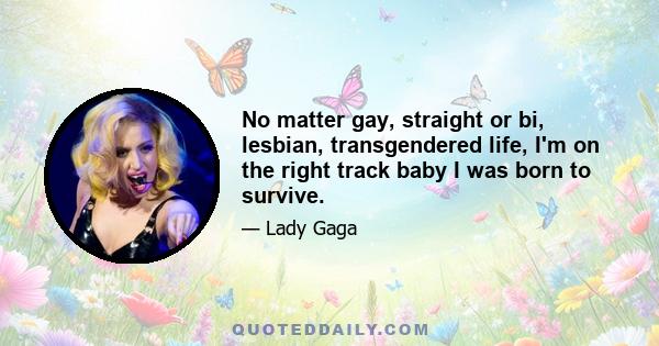 No matter gay, straight or bi, lesbian, transgendered life, I'm on the right track baby I was born to survive.