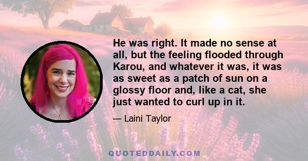 He was right. It made no sense at all, but the feeling flooded through Karou, and whatever it was, it was as sweet as a patch of sun on a glossy floor and, like a cat, she just wanted to curl up in it.