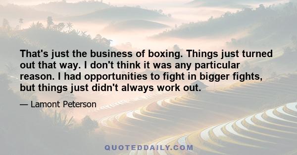 That's just the business of boxing. Things just turned out that way. I don't think it was any particular reason. I had opportunities to fight in bigger fights, but things just didn't always work out.