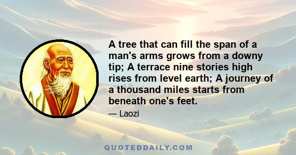 A tree that can fill the span of a man's arms grows from a downy tip; A terrace nine stories high rises from level earth; A journey of a thousand miles starts from beneath one's feet.