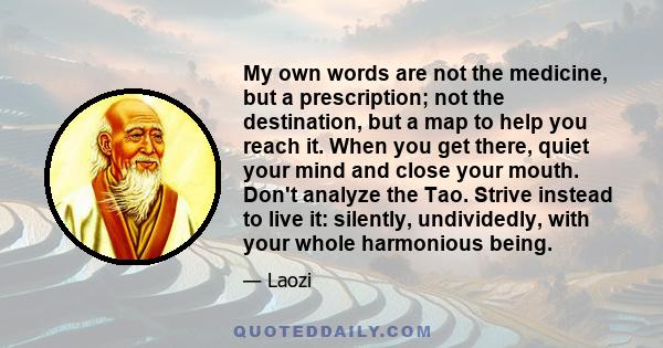 My own words are not the medicine, but a prescription; not the destination, but a map to help you reach it. When you get there, quiet your mind and close your mouth. Don't analyze the Tao. Strive instead to live it: