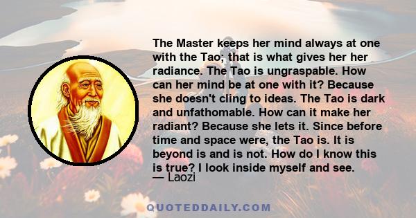 The Master keeps her mind always at one with the Tao; that is what gives her her radiance. The Tao is ungraspable. How can her mind be at one with it? Because she doesn't cling to ideas. The Tao is dark and