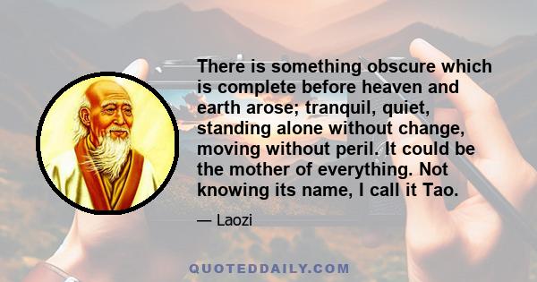 There is something obscure which is complete before heaven and earth arose; tranquil, quiet, standing alone without change, moving without peril. It could be the mother of everything. Not knowing its name, I call it Tao.