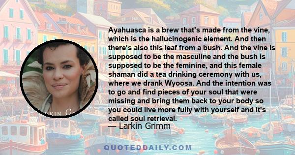 Ayahuasca is a brew that's made from the vine, which is the hallucinogenic element. And then there's also this leaf from a bush. And the vine is supposed to be the masculine and the bush is supposed to be the feminine,