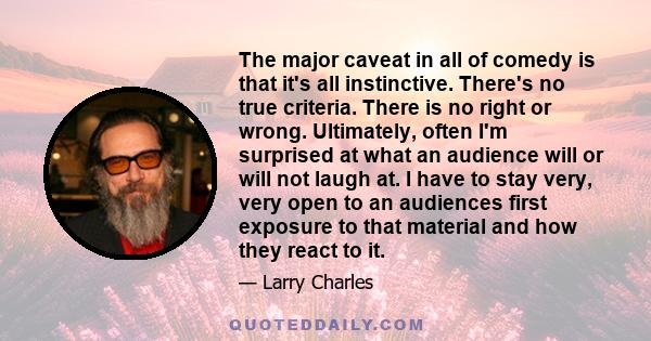 The major caveat in all of comedy is that it's all instinctive. There's no true criteria. There is no right or wrong. Ultimately, often I'm surprised at what an audience will or will not laugh at. I have to stay very,