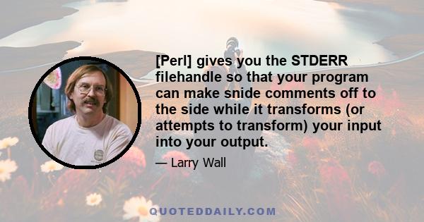 [Perl] gives you the STDERR filehandle so that your program can make snide comments off to the side while it transforms (or attempts to transform) your input into your output.