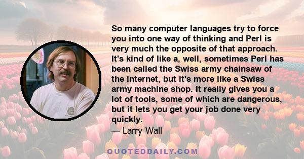 So many computer languages try to force you into one way of thinking and Perl is very much the opposite of that approach. It's kind of like a, well, sometimes Perl has been called the Swiss army chainsaw of the