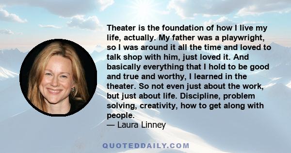 Theater is the foundation of how I live my life, actually. My father was a playwright, so I was around it all the time and loved to talk shop with him, just loved it. And basically everything that I hold to be good and