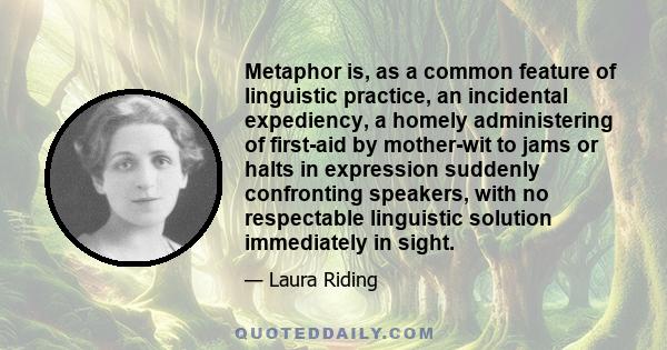 Metaphor is, as a common feature of linguistic practice, an incidental expediency, a homely administering of first-aid by mother-wit to jams or halts in expression suddenly confronting speakers, with no respectable