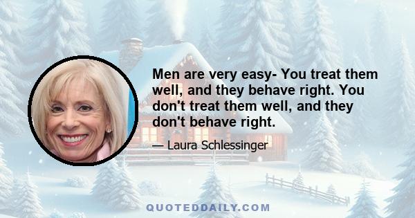 Men are very easy- You treat them well, and they behave right. You don't treat them well, and they don't behave right.