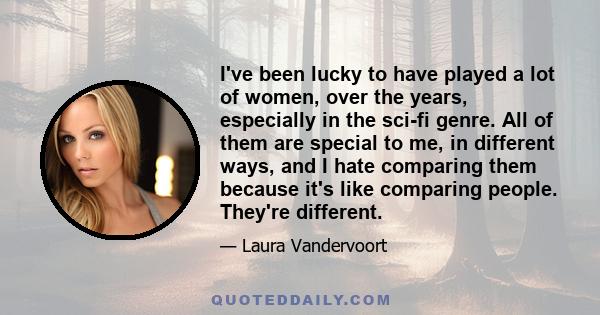 I've been lucky to have played a lot of women, over the years, especially in the sci-fi genre. All of them are special to me, in different ways, and I hate comparing them because it's like comparing people. They're