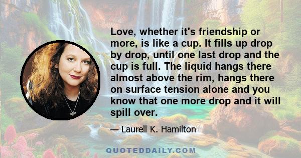 Love, whether it's friendship or more, is like a cup. It fills up drop by drop, until one last drop and the cup is full. The liquid hangs there almost above the rim, hangs there on surface tension alone and you know